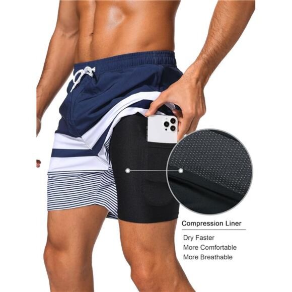 Men Swim Trunks with Compression Liner 2 in 1 Quick Dry Bathing Suit Beach Short - Picture 2 of 6